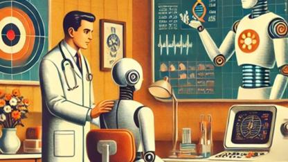 Illustration Roboter am Schreibtisch, daneben steht ein Mensch im Arztkittel