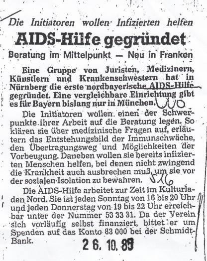 AIDS-Hilfe gegründet - Zeitungsausschnitt vom 26.10.85